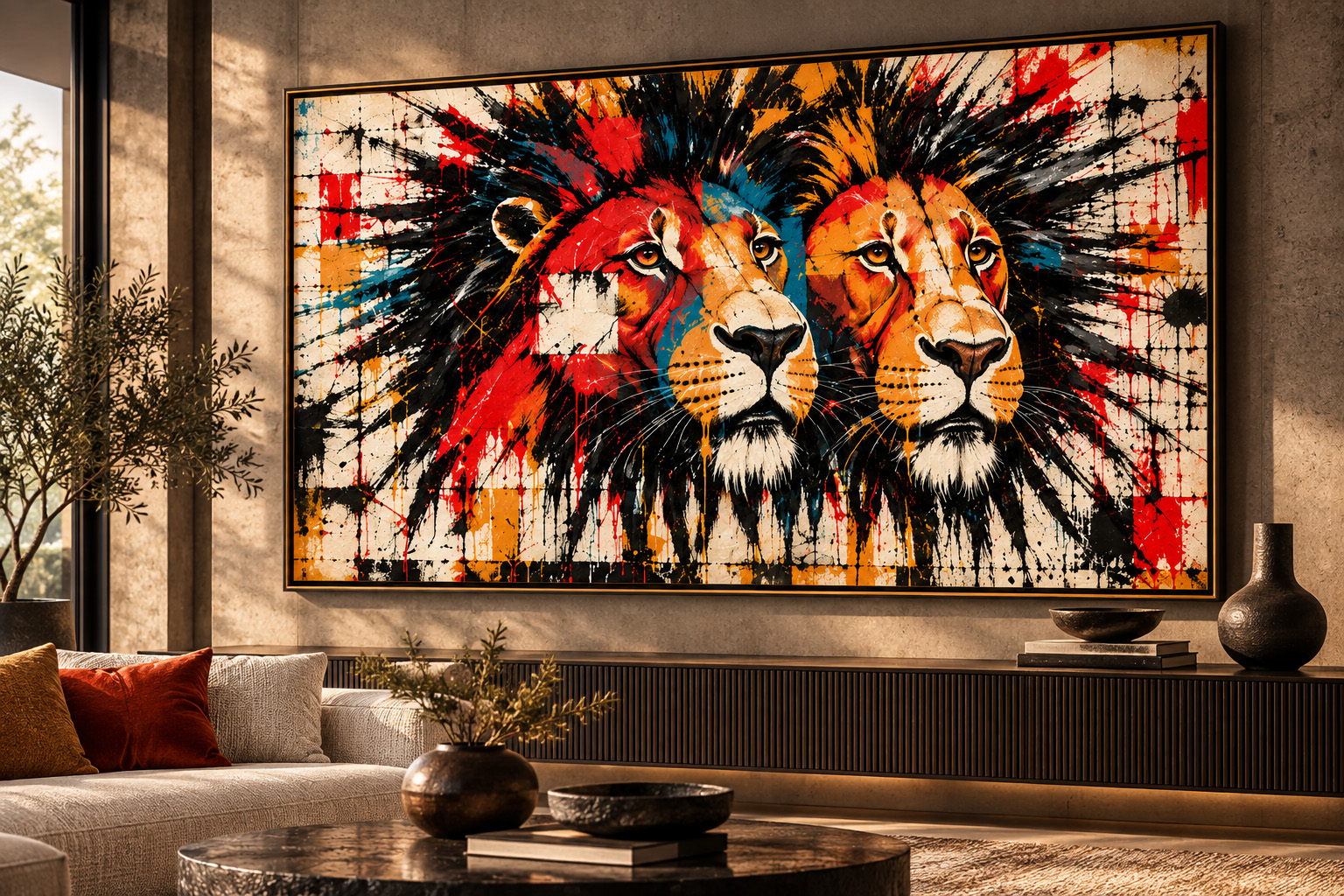 Two-lion MADD JUNGLE artwork by R.Jenkins with layered orange, red, black and turquoise