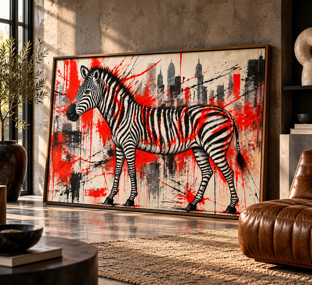MADD JUNGLE zebra artwork by R.Jenkins with layered red, black and ochre abstract markings