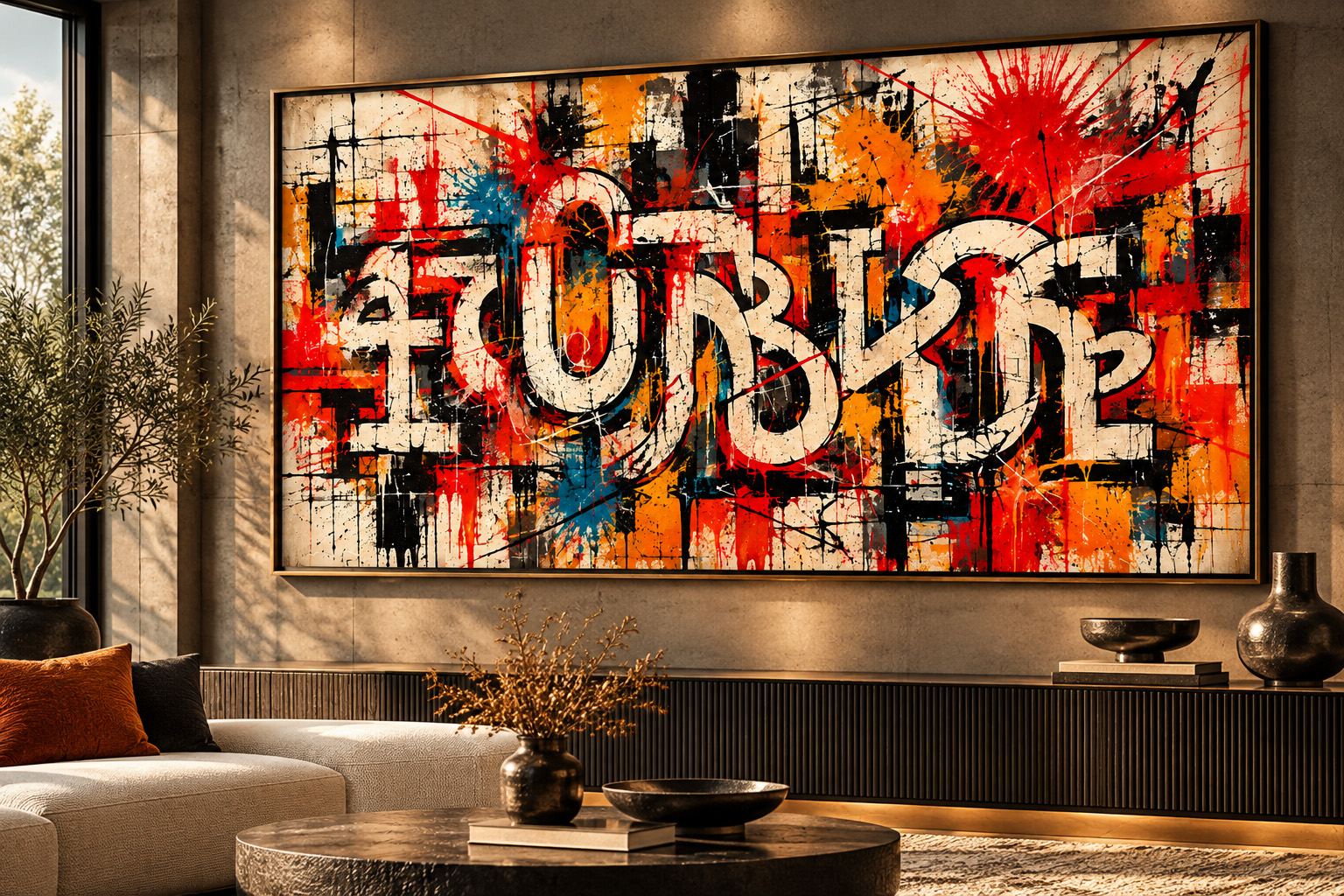 Abstract MADD JUNGLE artwork by R.Jenkins with layered graffiti gestures, red, orange, black and white