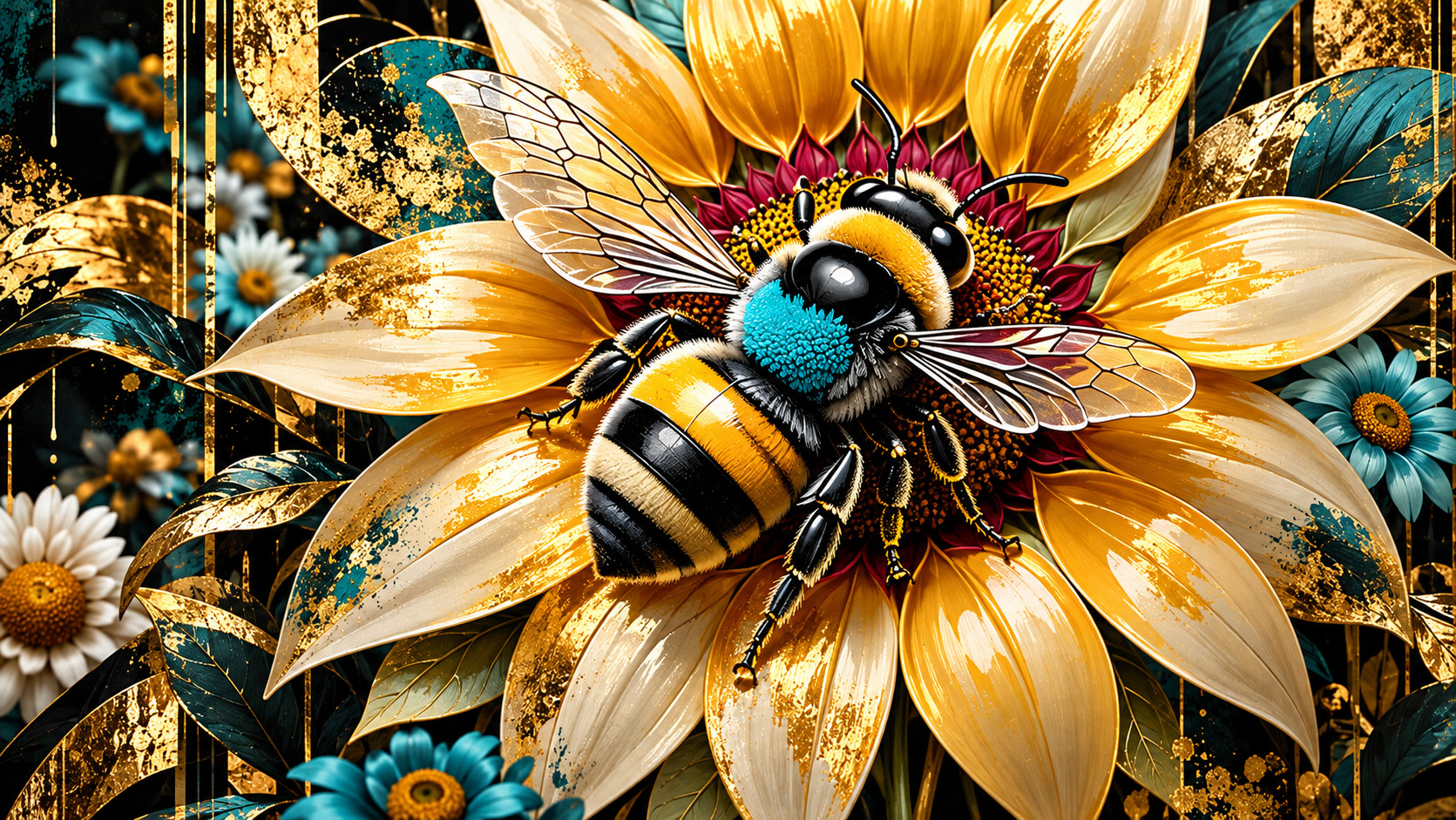 Blue Bees & Honey artwork featuring a bee among luminous gold petals and deep blue botanicals.
