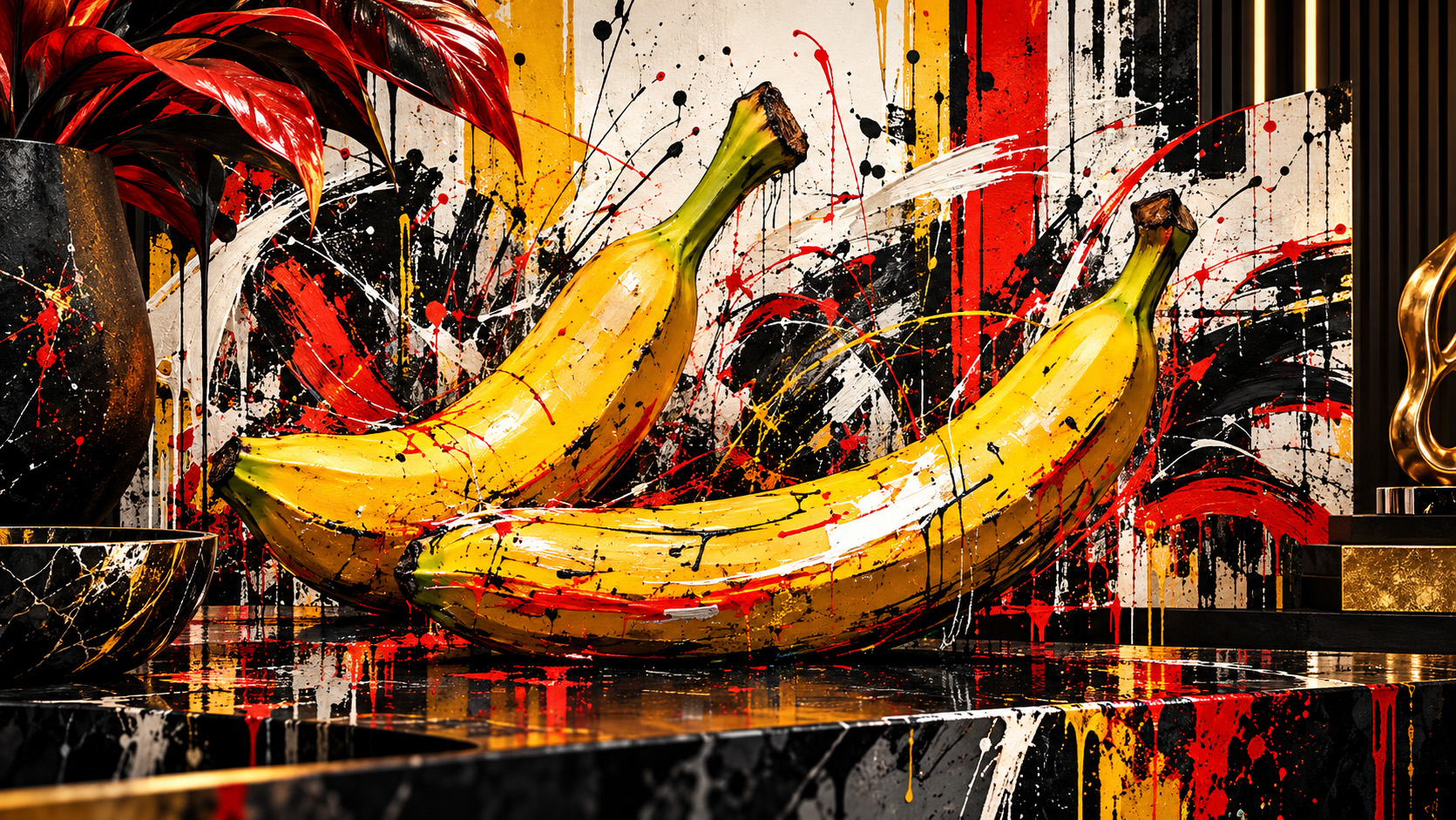 MADD JUNGLE artwork with oversized golden bananas, layered foliage and energetic black, red and ivory markings.