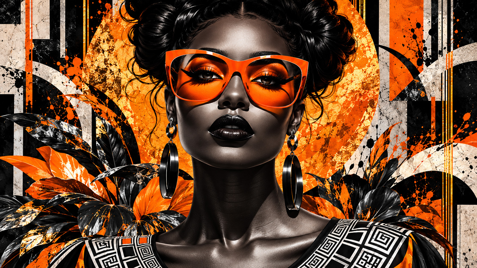 Graphic portrait artwork framed by high-contrast black, ivory and orange geometry.