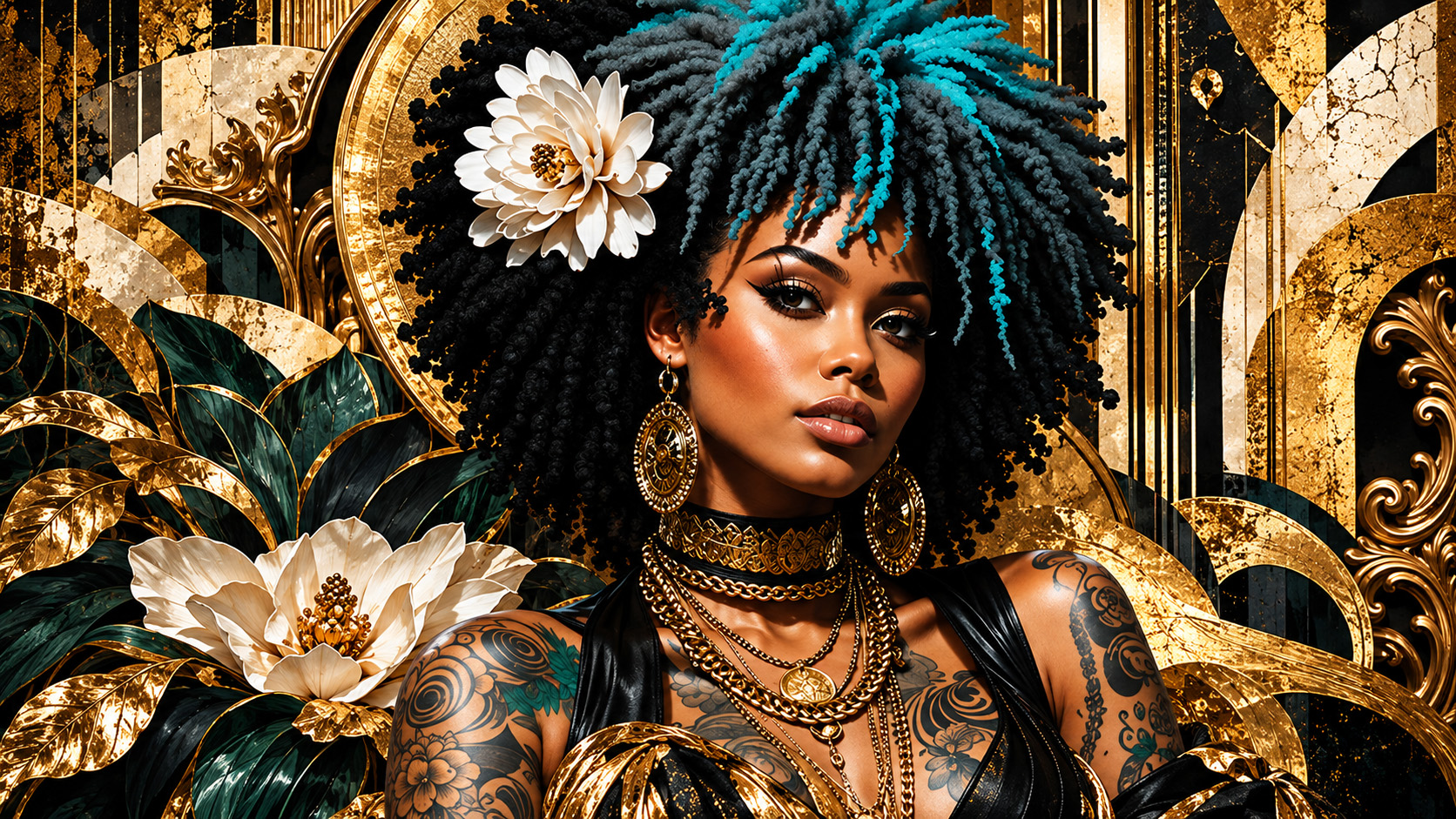 Contemporary fashion portrait set against sculptural black, ivory and luminous gold ornament.