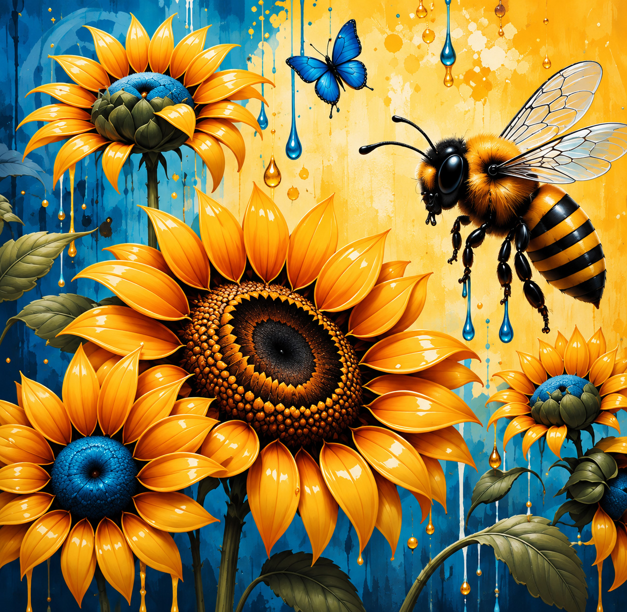 Chasing Blue Nectar artwork by R.Jenkins featuring a bee among bright blue and golden flowers