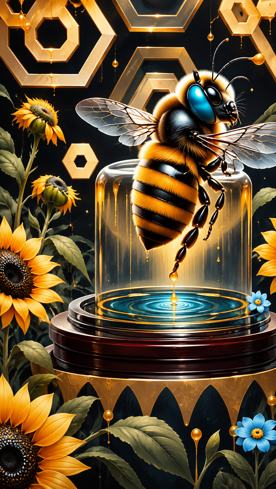 Crowned Alchemist artwork by R.Jenkins featuring a blue bee within a luminous honeycomb form