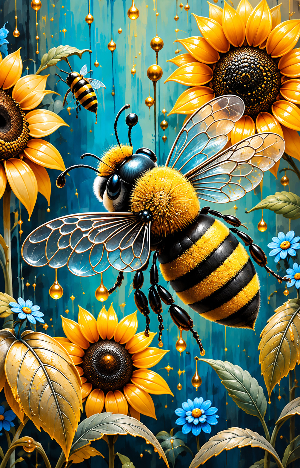 Golden Rhythm artwork by R.Jenkins featuring luminous gold botanicals and blue bees