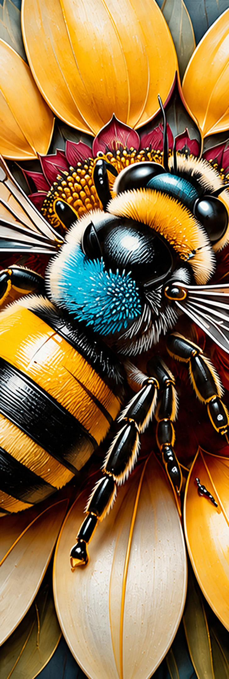 Close-up of a bee among golden botanical petals in Blue Bees & Honey by R.Jenkins