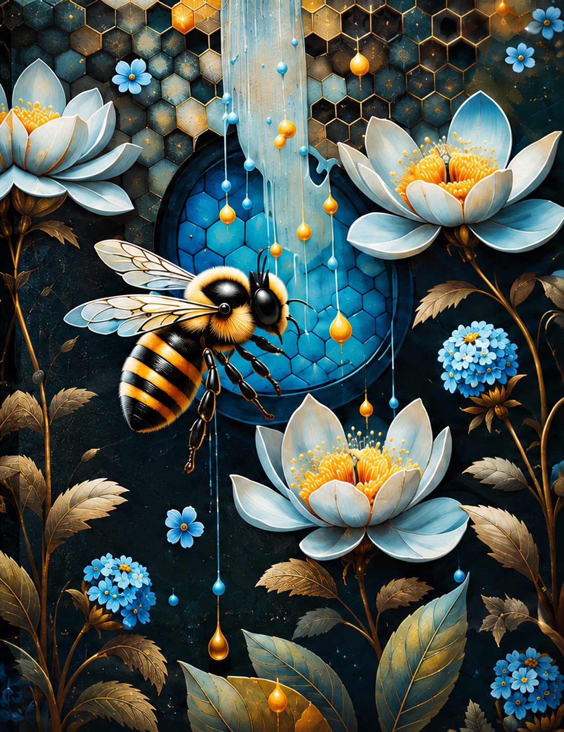 Blue Bees & Honey artwork by R.Jenkins with a bee, pale lotus flowers, blue hive geometry and falling gold droplets