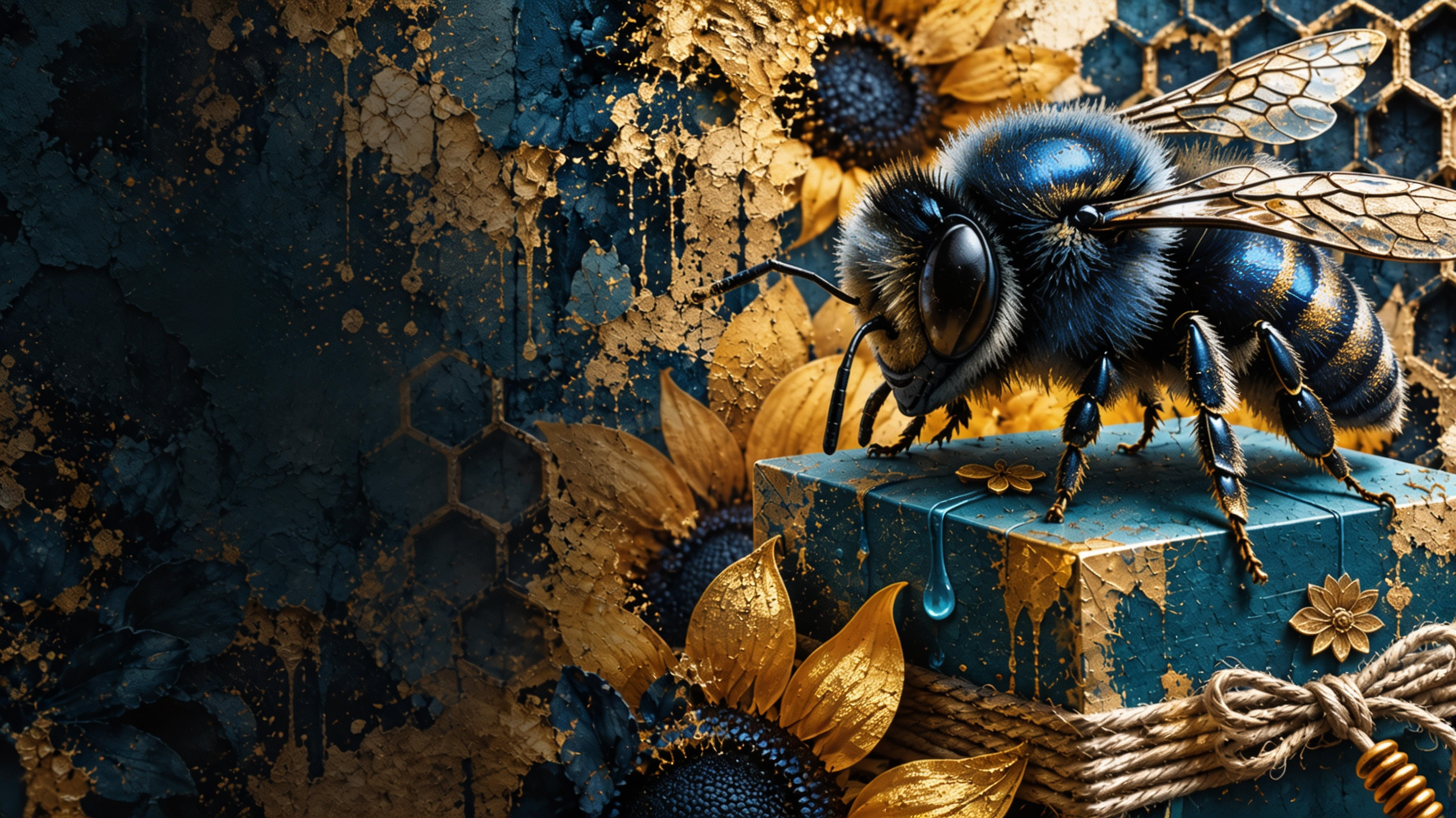 BLUE BEES & HONEY artwork by R.Jenkins featuring a deep blue bee, luminous gold botanicals and geometric hive forms
