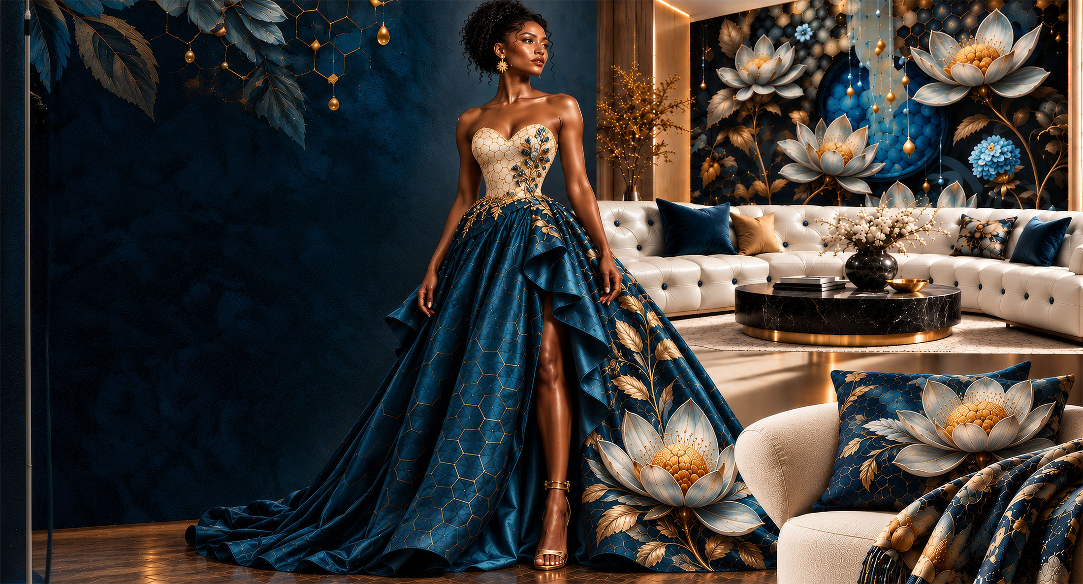 Blue Bees & Honey artwork applied across a couture gown, contemporary interior wall, decorative pillows and premium textiles.