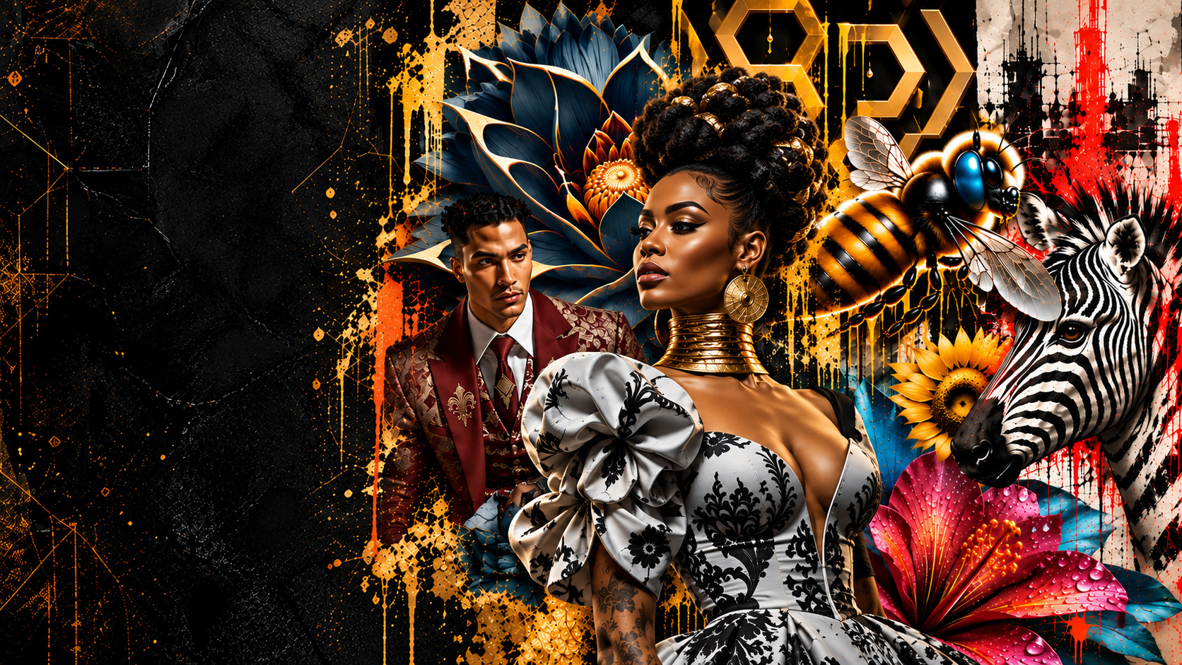A dramatic R.Jenkins artwork bringing together expressive portraiture, vivid flowers, a bee and zebra in a richly layered gold, black, ivory and red composition.